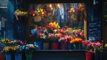 Fototapeta premium Colorful flower shop with assorted vibrant bouquets in buckets inside window display, illuminated by warm lighting