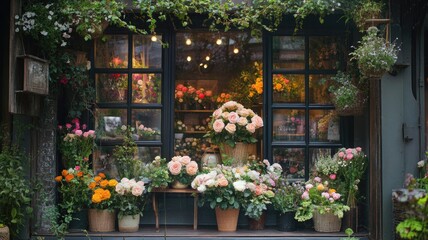 Charming flower shop with various vibrant blossoms and warm lighting