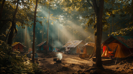 Sunlit Forest Camping Scene with Tents and Friends Enjoying Nature