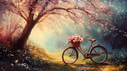 Fototapeta premium Vintage bicycle with flower basket under blossoming trees on sunny day