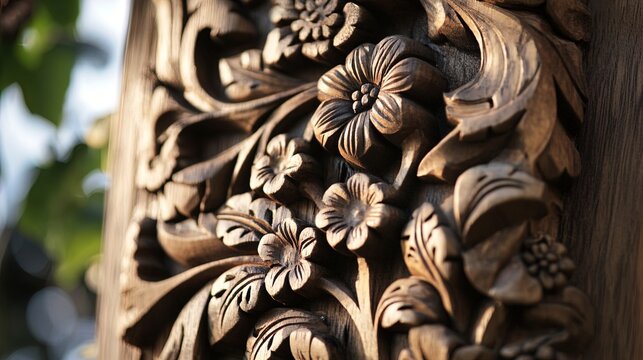 Intricate close-up of a beautifully carved wooden panel featuring floral motifs and swirling leaf designs, showcasing the craftsmanship of woodwork with a warm, natural finish illuminated by soft, dif