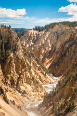 Colorful panoramic of the Yellowstone River canyon, Lower falls of the Yellowstone River in early spring, Yellowstone National Park.