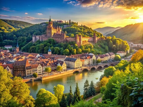 Heidelberg Castle & Heiliggeistkirche Summer View from Philosophenweg - Germany