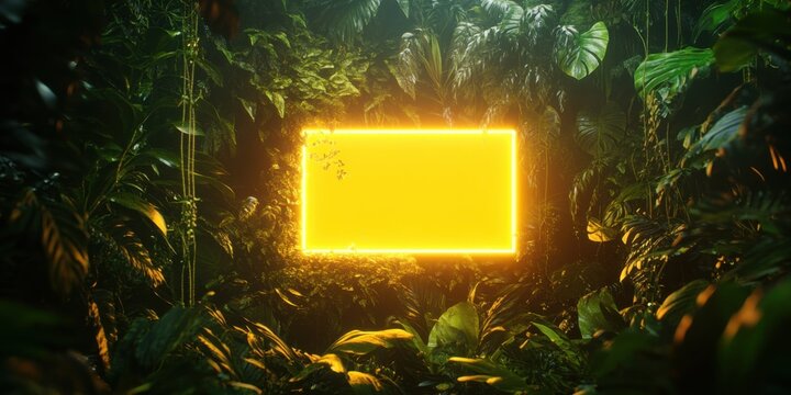A glowing neon yellow rectangle hovering in a lush tropical jungle, with vibrant green leaves and cascading tropical vines, casting soft light across the scene