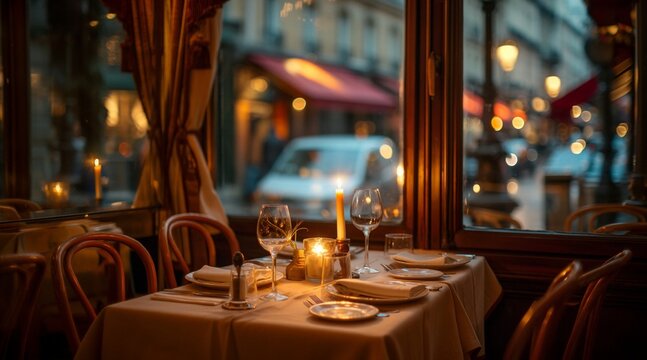 Cozy Candlelit Dining in a Parisian Café Overlooking an Evening Street