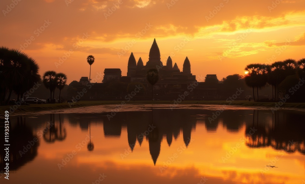 Wall mural Silhouette of Angkor Wat at sunset