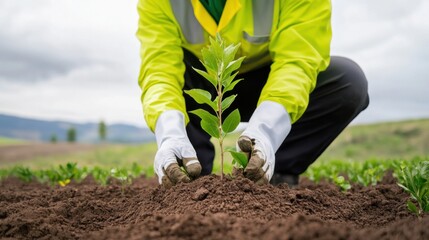 Person in Protective Gear Planting Young Sapling in Soil During Environmental Conservation Efforts