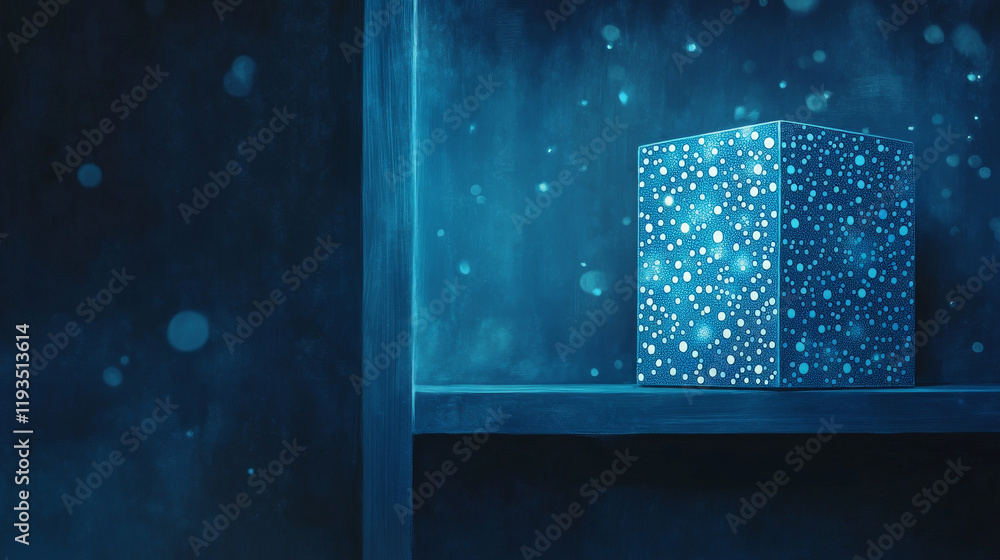 Poster the box consists of the particles. boxer consists of dots and circles. blue boxer stands in a rack o