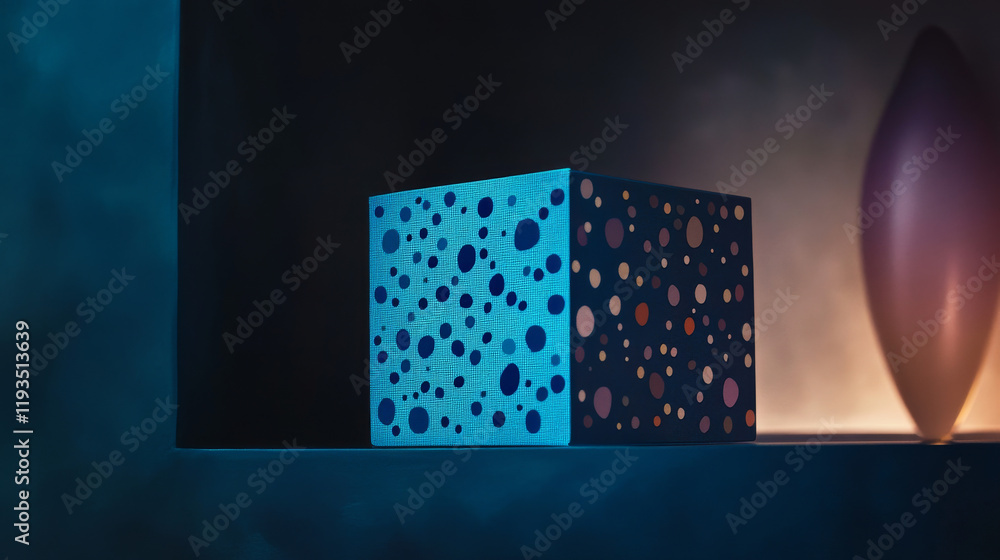 Poster the box consists of the particles. boxer consists of dots and circles. blue boxer stands in a rack o