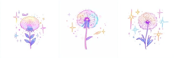 Naklejka premium Pastel Rainbow Dandelions with Stars and Sparkles Magical Floral Design Set