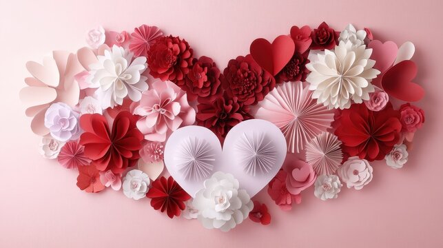Heart-shaped paper in gentle shades of red, white, and pink arranged thoughtfully on a pale pink background,