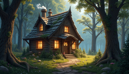 Fototapeta premium Charming wooden cottage surrounded by lush forest