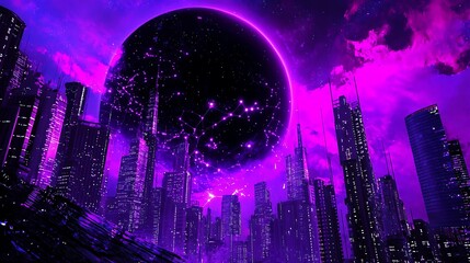 Futuristic cityscape at night with a glowing purple moon and vibrant skyline under a starry sky