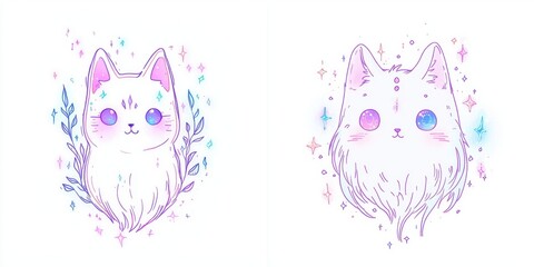 Adorable Pastel Kawaii Cats with Stars and Floral Design Cute Pet Illustration