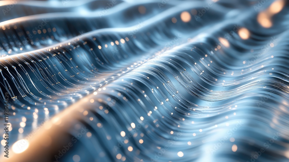 Poster artistic illustration of quantum mechanics with layered, translucent waves intersecting in a metalli