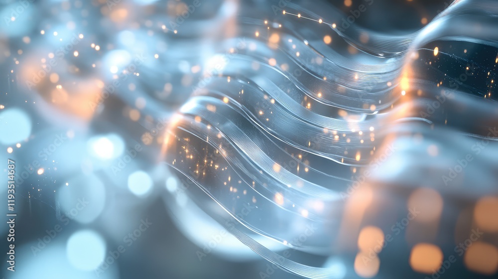 Poster artistic illustration of quantum mechanics with layered, translucent waves intersecting in a metalli