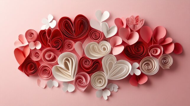 Heart-shaped paper in gentle shades of red, white, and pink arranged thoughtfully on a pale pink background,