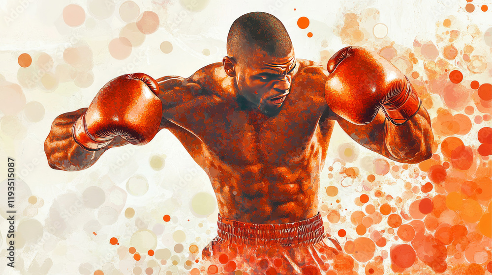 Poster boxer of the particles. the boxer is made of little circles. the boxer in the pose of attack. vector