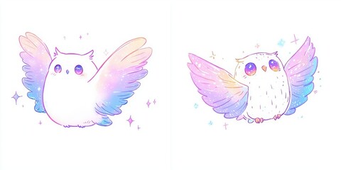 Adorable Pastel Rainbow Owls Cute Fantasy Bird Illustration Kawaii Style Artwork