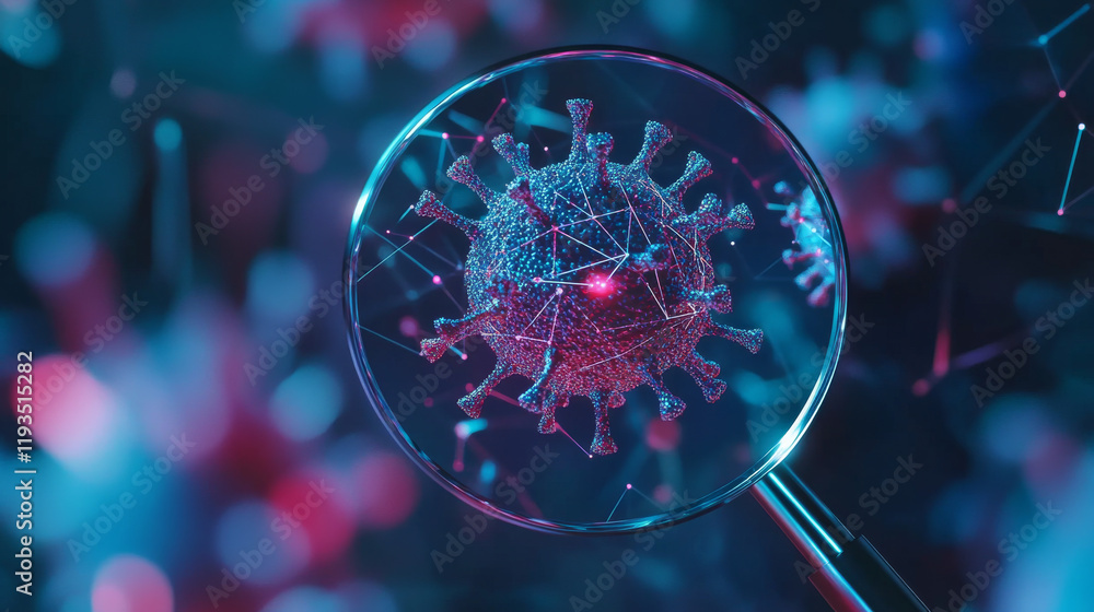Poster hologram virus search. viruses under a magnifying glass of polygons, triangles of dots and lines. co