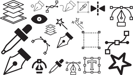 illustrator app toolbar icon, photoshop app toolbar icons, adobe all icon, adobe pen tool icon, pen tools, Bezier icon line art vector, magic wand , selection, pen and color picker tool