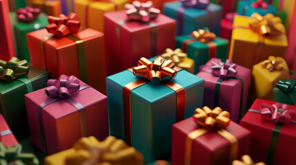 Obraz premium A lot of gifts. Ribbon and bow on the box. 3D.