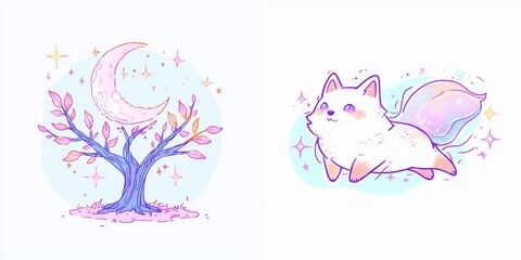Magical Pastel Moon Tree and Unicorn Puppy Fantasy Illustration Art