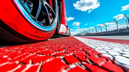 Close-up view of a racing tire on a vibrant track during an exciting motorsport event under a bright sky