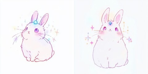 Adorable Pastel Rabbits with Sparkling Gems Cute Kawaii Bunny Illustrations