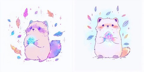 Adorable Pastel Raccoon Characters Holding Crystals Magical Fantasy Illustration Cute Kawaii Animal