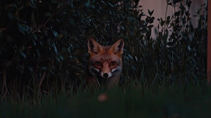 Obraz premium A curious fox peeking through backyard shrubs during twilight, blending into the natural surroundings.