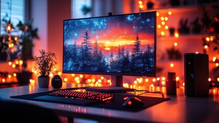 Gaming setup with vibrant screen and ambient lighting.