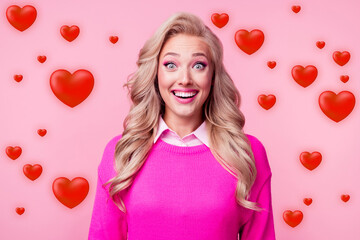 Photo of astonished impressed lovely lady wavy hairstyle dressed stylish pullover isolated on pink...