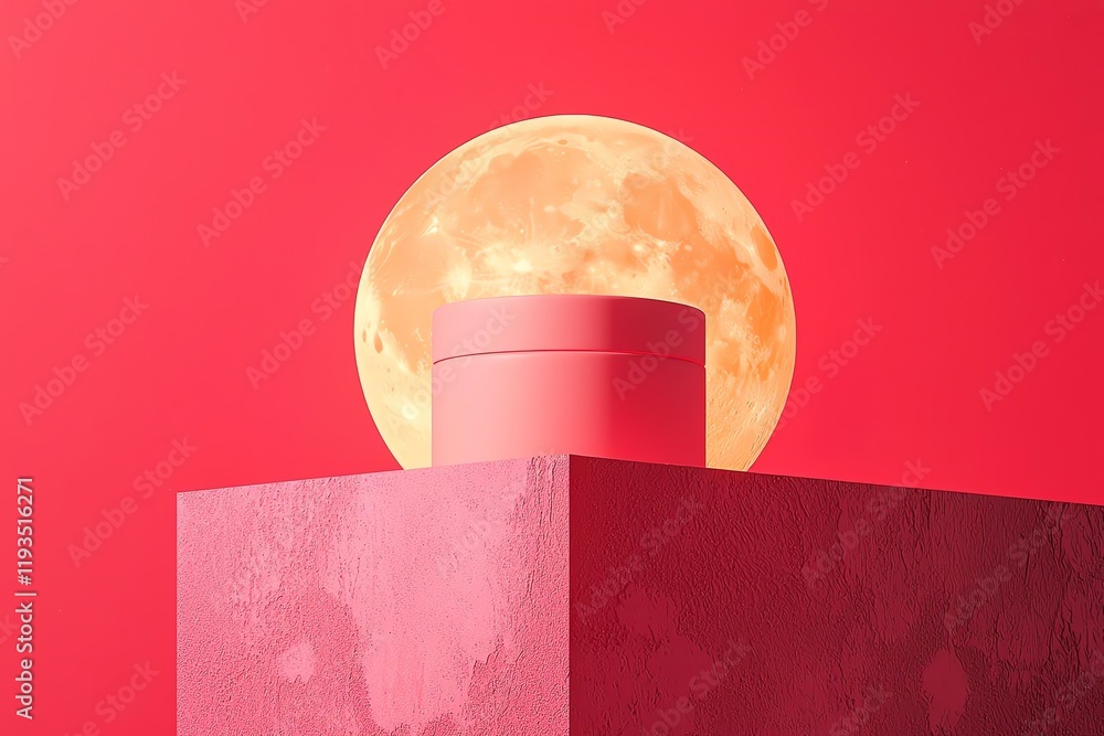 Poster a minimalist composition featuring a pink container against a vivid red backdrop with a moon.