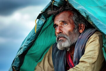 Man of Indian descent builds temporary shelter for flood victims under overcast sky