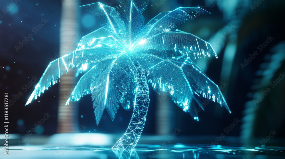 Poster a hologram of a palm tree. palm trees made of polygons, triangles of points and lines. palm trees ic