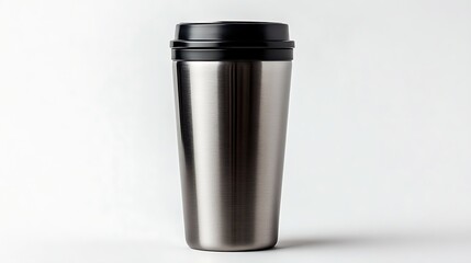 A durable stainless steel travel mug on a white background