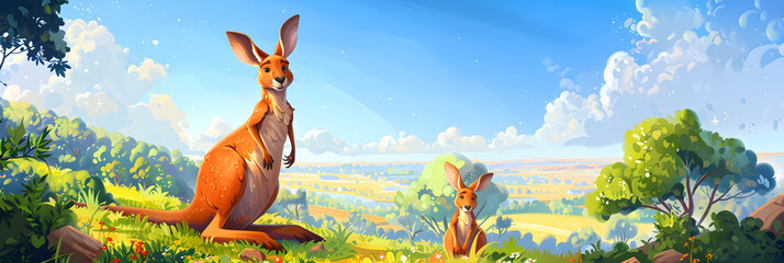 Cheerful Kangaroo Cartoon with Joey in a Whimsical Hand-Drawn Landscape Featuring Rolling Hills and Blue Sky