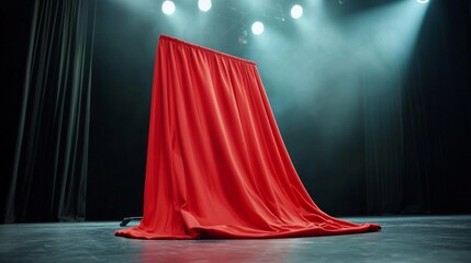 Red curtain covers stage in preparation for upcoming performance at local theater during evening show