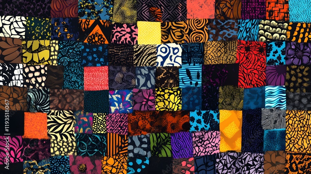 Poster abstract patchwork textile design with vibrant colors and patterns