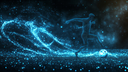 Soccer of the particles carries in the wind. Silhouette of a soccer player from circles. Football of blue glowing dots