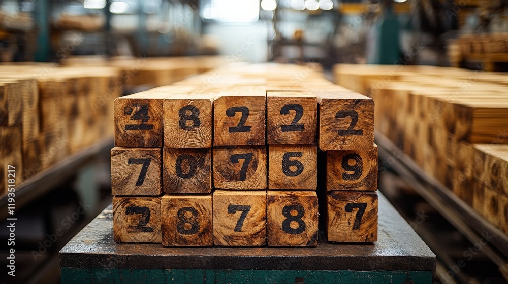 Poster close-up of stacked wooden blocks with engraved numbers in a factory setting, showcasing natural tex