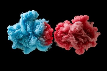 Blue and red ink clouds collide, abstract art, black background, design element