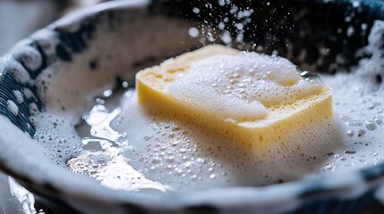 Yellow sponge submerged in soapy water bubbles