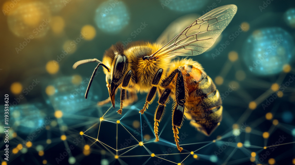 Poster hologram bee. bee made of polygons, triangles, dots, and lines. low-poly bee structure of connection