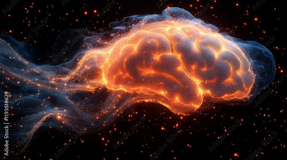 Poster a glowing pulsating brain illuminates the dark environment representing complex thoughts and ideas