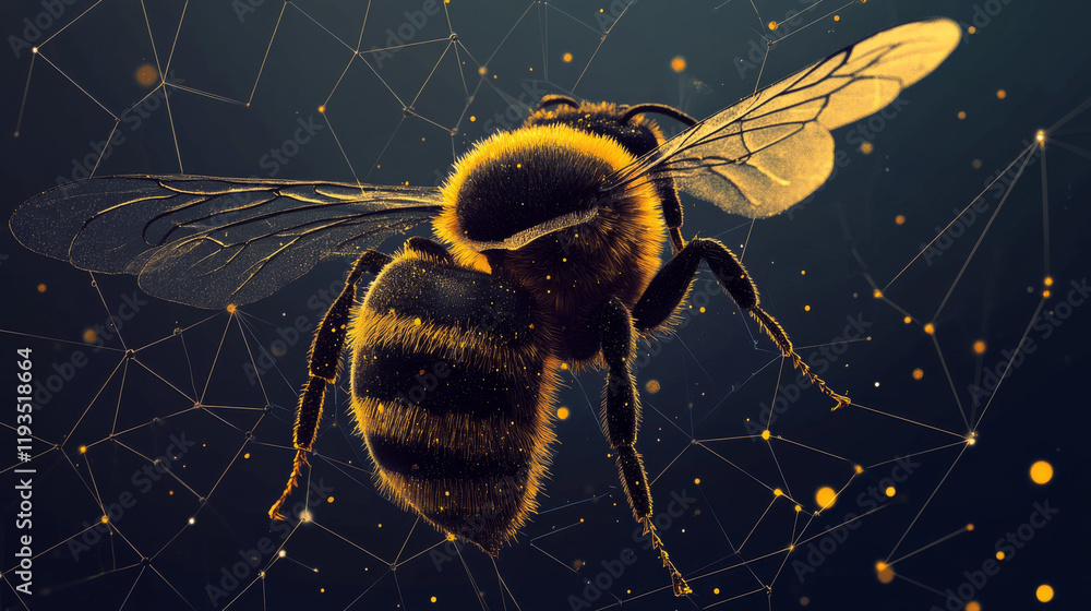 Poster hologram bee. bee made of polygons, triangles, dots, and lines. low-poly bee structure of connection