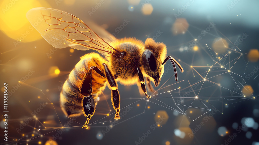 Poster hologram bee. bee made of polygons, triangles, dots, and lines. low-poly bee structure of connection