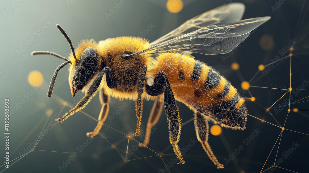 Poster hologram bee. bee made of polygons, triangles, dots, and lines. low-poly bee structure of connection