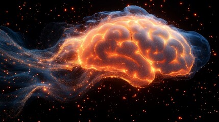 A glowing pulsating brain illuminates the dark environment representing complex thoughts and ideas